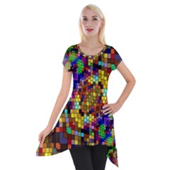 Color Mosaic Background Wall Short Sleeve Side Drop Tunic by Sapixe