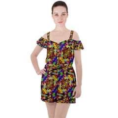 Color Mosaic Background Wall Ruffle Cut Out Chiffon Playsuit