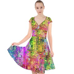 Color Abstract Artifact Pixel Cap Sleeve Front Wrap Midi Dress by Sapixe