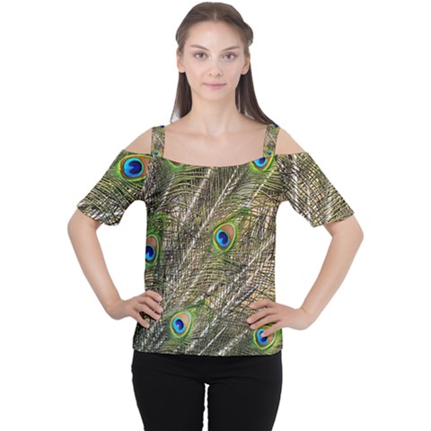 Peacock Feathers Color Plumage Green Cutout Shoulder Tee by Sapixe