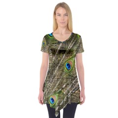 Peacock Feathers Color Plumage Green Short Sleeve Tunic  by Sapixe