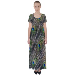 Peacock Feathers Color Plumage Green High Waist Short Sleeve Maxi Dress