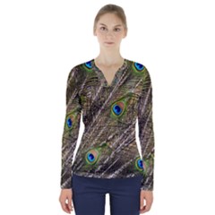 Peacock Feathers Color Plumage Green V-neck Long Sleeve Top by Sapixe