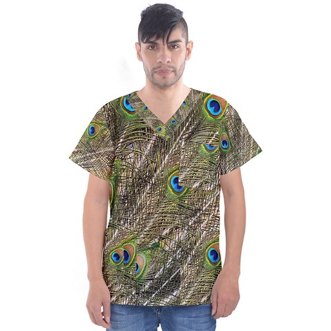 Peacock Feathers Color Plumage Green Men s V-neck Scrub Top by Sapixe