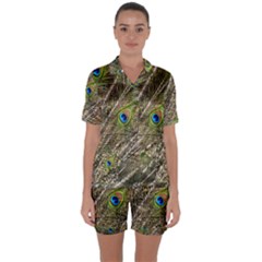 Peacock Feathers Color Plumage Green Satin Short Sleeve Pyjamas Set by Sapixe