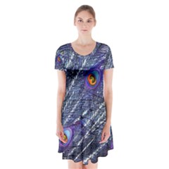 Peacock Feathers Color Plumage Blue Short Sleeve V-neck Flare Dress by Sapixe