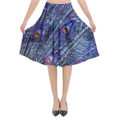 Peacock Feathers Color Plumage Blue Flared Midi Skirt by Sapixe