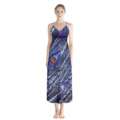 Peacock Feathers Color Plumage Blue Button Up Chiffon Maxi Dress by Sapixe