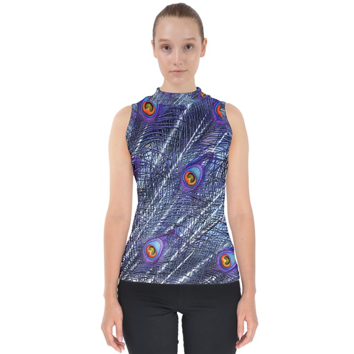 Peacock Feathers Color Plumage Blue Mock Neck Shell Top