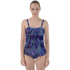 Peacock Feathers Color Plumage Blue Twist Front Tankini Set by Sapixe