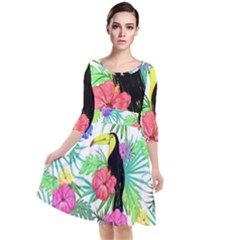 Leaves Tropical Nature Green Plant Quarter Sleeve Waist Band Dress