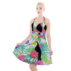 Leaves Tropical Nature Green Plant Halter Party Swing Dress 