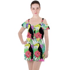 Leaves Tropical Nature Green Plant Ruffle Cut Out Chiffon Playsuit by Sapixe