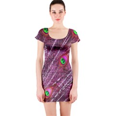 Peacock Feathers Color Plumage Short Sleeve Bodycon Dress by Sapixe