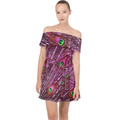 Peacock Feathers Color Plumage Off Shoulder Chiffon Dress