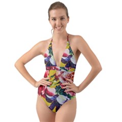 Textile Printing Flower Rose Cover Halter Cut-out One Piece Swimsuit by Sapixe