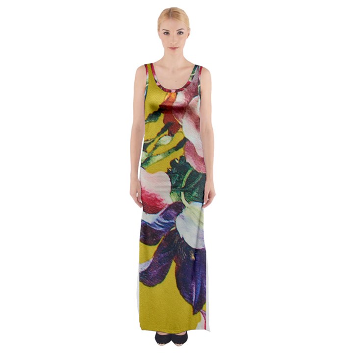 Textile Printing Flower Rose Cover Maxi Thigh Split Dress