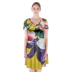 Textile Printing Flower Rose Cover Short Sleeve V-neck Flare Dress by Sapixe