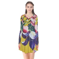 Textile Printing Flower Rose Cover Long Sleeve V-neck Flare Dress by Sapixe