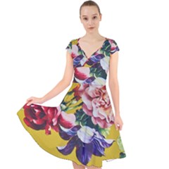 Textile Printing Flower Rose Cover Cap Sleeve Front Wrap Midi Dress