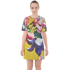 Textile Printing Flower Rose Cover Sixties Short Sleeve Mini Dress