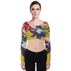 Textile Printing Flower Rose Cover Velvet Long Sleeve Crop Top by Sapixe