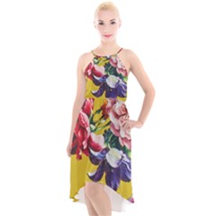 Textile Printing Flower Rose Cover High-low Halter Chiffon Dress 