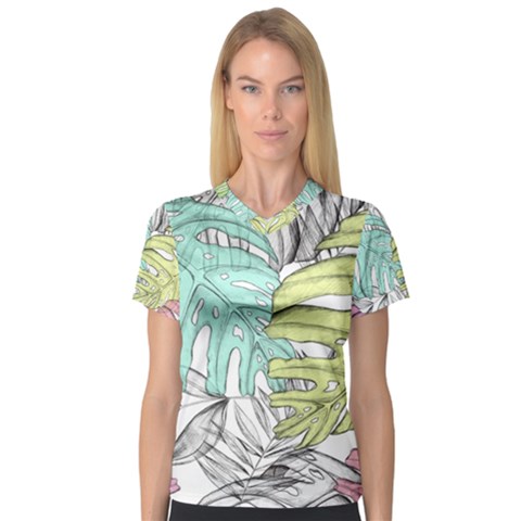 Leaves Tropical Nature Plant V-neck Sport Mesh Tee by Sapixe