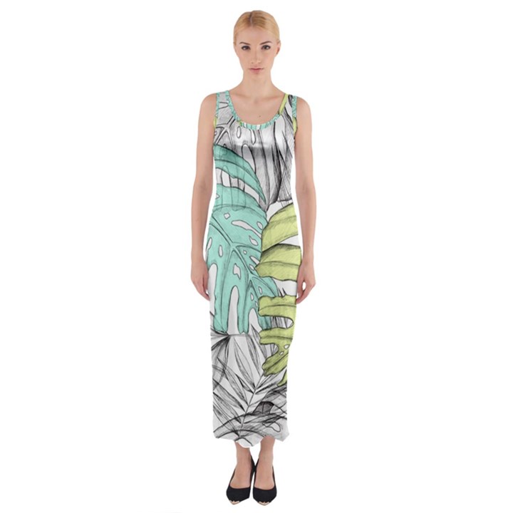 Leaves Tropical Nature Plant Fitted Maxi Dress