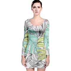 Leaves Tropical Nature Plant Long Sleeve Velvet Bodycon Dress