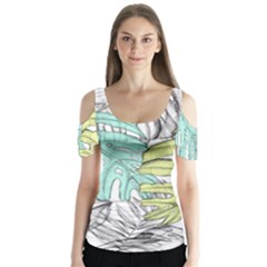 Leaves Tropical Nature Plant Butterfly Sleeve Cutout Tee 