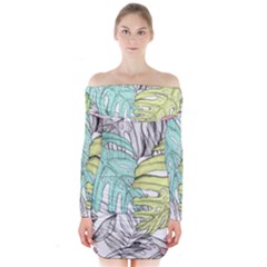 Leaves Tropical Nature Plant Long Sleeve Off Shoulder Dress