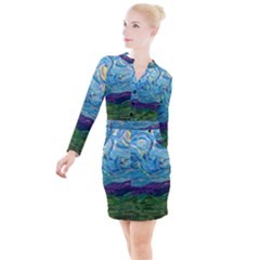 A Very Very Starry Night Button Long Sleeve Dress by arwwearableart