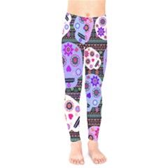 Violet Fun Floral Aztec Skulls Print Kids  Leggings by PattyVilleDesigns