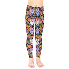 Orange & Black Floral Skulls Design Kids  Leggings