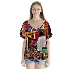 Painted House V-neck Flutter Sleeve Top