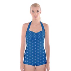 Quebec French Royal Fleur De Lys Elegant Pattern Blue Blue Quebec Fleur De Lys Pattern Blue Boyleg Halter Swimsuit 