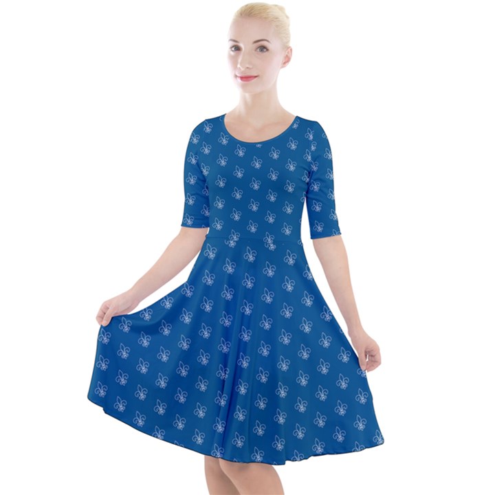 Quebec French Royal Fleur De Lys Elegant Pattern Blue Blue Quebec Fleur De Lys Pattern Blue Quarter Sleeve A-Line Dress