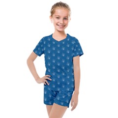 Quebec French Royal Fleur De Lys Elegant Pattern Blue Blue Quebec Fleur De Lys Pattern Blue Kids  Mesh Tee And Shorts Set