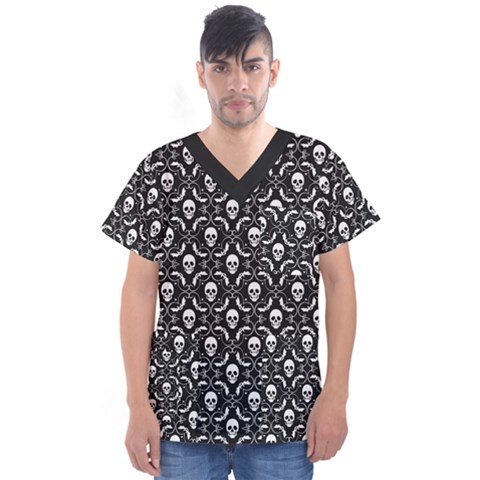 Pattern Skull And Bats Vintage Halloween Black Men s V-neck Scrub Top by genx