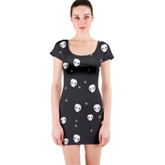 Pattern Skull Stars Halloween Gothic On Black Background Short Sleeve Bodycon Dress by genx