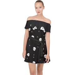 Pattern Skull Stars Halloween Gothic On Black Background Off Shoulder Chiffon Dress by genx