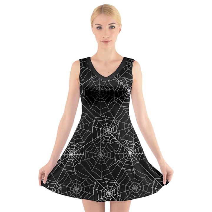 Pattern Spiderweb Halloween Gothic on black background V-Neck Sleeveless Dress