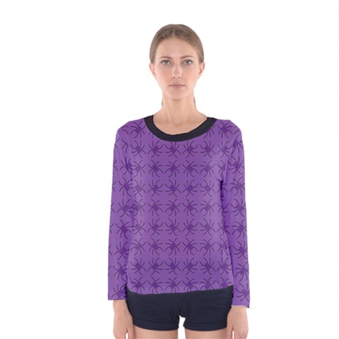 Pattern Spiders Purple And Black Halloween Gothic Modern Women s Long Sleeve Tee by genx