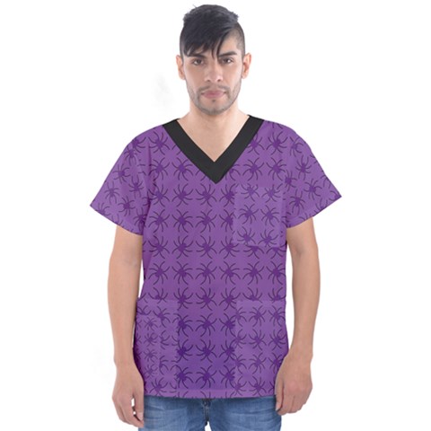 Pattern Spiders Purple And Black Halloween Gothic Modern Men s V-neck Scrub Top by genx