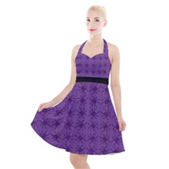 Pattern Spiders Purple And Black Halloween Gothic Modern Halter Party Swing Dress  by genx