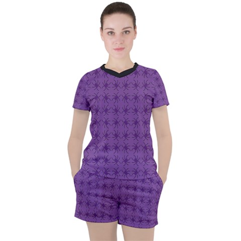 Pattern Spiders Purple And Black Halloween Gothic Modern Women s Tee And Shorts Set by genx