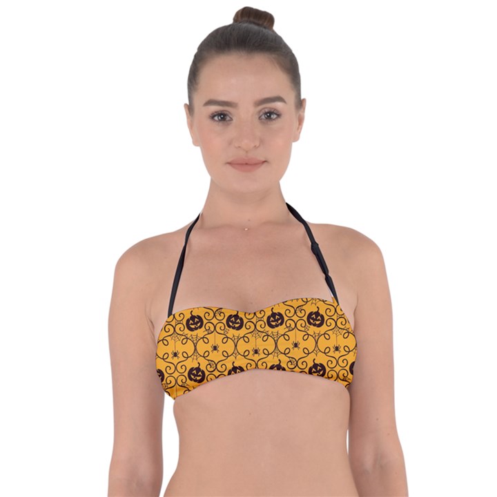 Pattern Pumpkin Spider Vintage Halloween Gothic orange and black Halter Bandeau Bikini Top