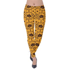 Pattern Pumpkin Spider Vintage Halloween Gothic Orange And Black Velvet Leggings by genx