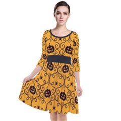 Pattern Pumpkin Spider Vintage Halloween Gothic Orange And Black Quarter Sleeve Waist Band Dress by genx